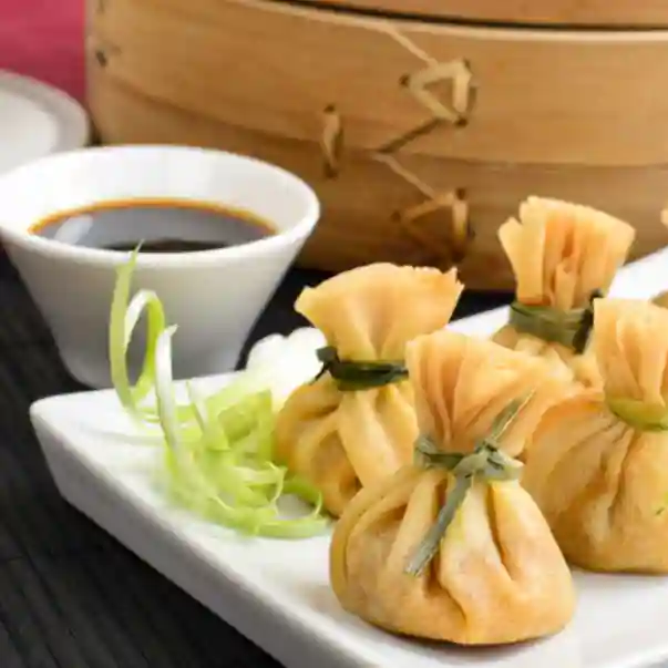 dish with vegetarian japanese gyoza dumplings and soy sauce