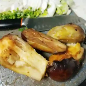 roasted aubergines ready for adding to dopiaza dish